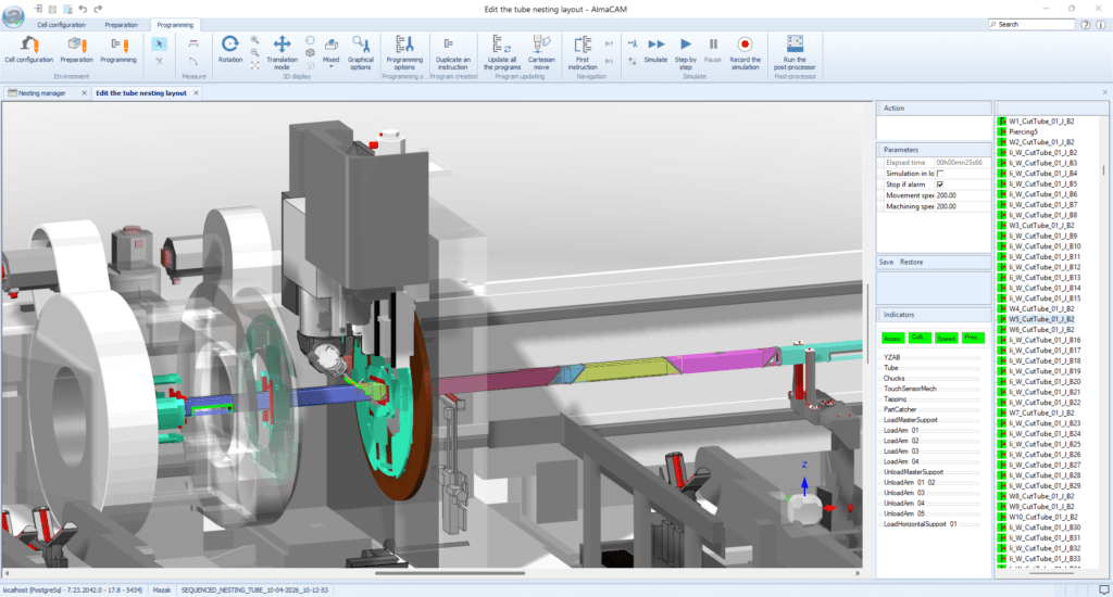 Simulation of a multi-chuck tube cutting machine in Almacam Tube